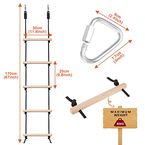 MONT PLEASANT Rope Ladder for Kids, Swing Set Accessories, Wooden Swing Rope Ladder with Hooks. Tree House Accessories for Climbing Obstacle Game, Bunk Bed Ladder, Playground Play Set Accessories