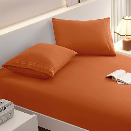 vveiiye Full Fitted Sheet with 2 Pillowcase Soft Microfiber Sheet Set 16" Deep Pocket Bed Sheets, Wrinkle Free and Easy Care Bottom Sheet for Full Size Bed, Burnt Orange vveiiye