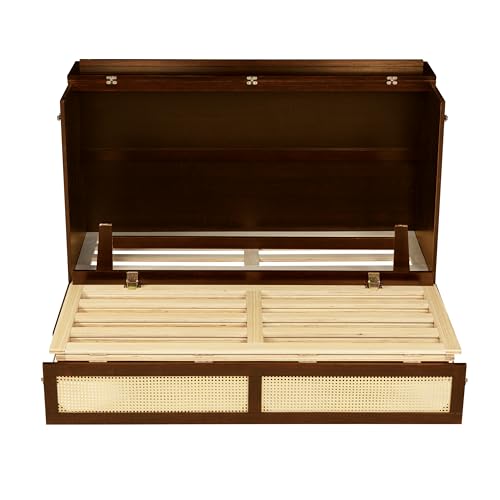 PVWIIK Queen Size Multi-Functional Bed Frame with Rattan Decoration Panel and Drawer for Girls/Boys,Home Office, Studio,Bedroom,Cabinet Murphy Bed w/Plank Support,No Box Spring Needed, Walnut PVWIIK