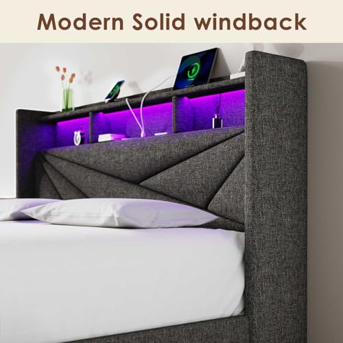 Driftalia LED King Size Bed Frame with 2 Storage Drawers, Upholstered King Bed Frame with Headboard and Charging Station, No Box Spring Needed, Easy to Assembly-Dark Grey Driftalia