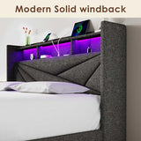 Driftalia LED King Size Bed Frame with 2 Storage Drawers, Upholstered King Bed Frame with Headboard and Charging Station, No Box Spring Needed, Easy to Assembly-Dark Grey Driftalia