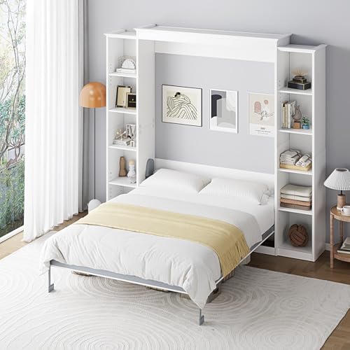 Rophefx Queen Murphy Bed Cabinet with 5-Tier Adjustable Storage Shelves, Wood Queen Wall Bed Cabinet Bed, Space Saving Beds, Hidden Bedframe, Foldable Platform Beds for Guest Room, Bedroom, White Rophefx