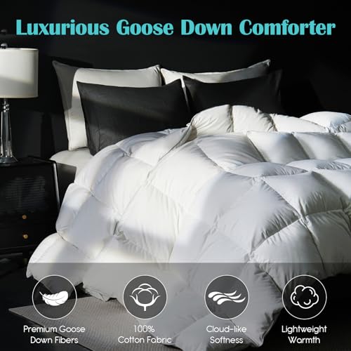 Yalamila Goose Feather Down Fiber Comforter Queen Size, 100% Cotton Ultra Soft Fluffy Duvet Insert Queen, All Season Luxurious Hotel Bedding Comforter with 8 Loops, White 90"x90" Yalamila