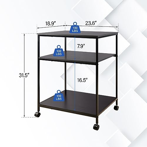 EMERIT Large Printer Stand, 23.6" W x 18.9" D x 31.5" H Printer Table with Adjustable Storage Shelf, 3 Tier Rolling Laser Printer Cart with Wheels for Home Office- Support 100 LBS Each Tier