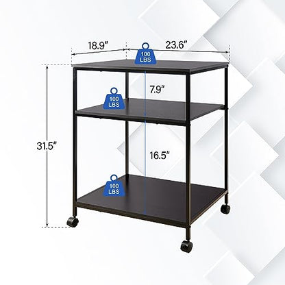 EMERIT Large Printer Stand, 23.6" W x 18.9" D x 31.5" H Printer Table with Adjustable Storage Shelf, 3 Tier Rolling Laser Printer Cart with Wheels for Home Office- Support 100 LBS Each Tier