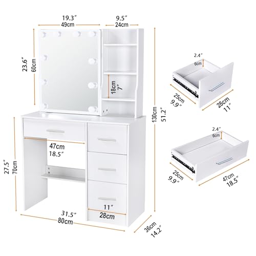 Teousev Vanity Desk with Lighting and Mirror,Small Vanity with 4 Drawers 6 Storage Shelves 3 Lighting Colors for Gilrs Vanity,White,31.5" L*14.2" W*51.2" H Teousev