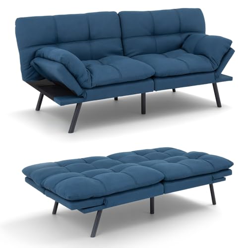 Vipbear 71" Futon Sofa Bed - Convertible Sofa Beds/Adjustable Backrest & Armrest, Comfy Loveseat Sleeper for Small Spaces, Apartments & Offices,Linen Fabric Blue Futons Vipbear