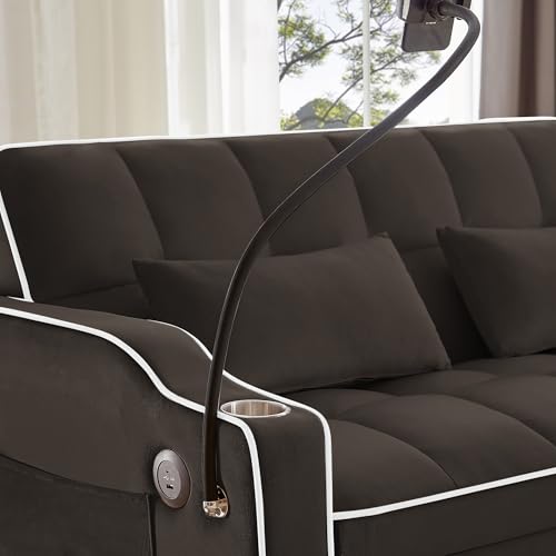 3-in-1 Convertible Loveseat Sleeper Sofa with Cup Holders & Phone Holder, Futon Couch with Pull Out Bed and Adjustable Backrest, Modern Velvet Chaise Lounge for Living Room Bedroom (Brown, 54.7") SLEERWAY