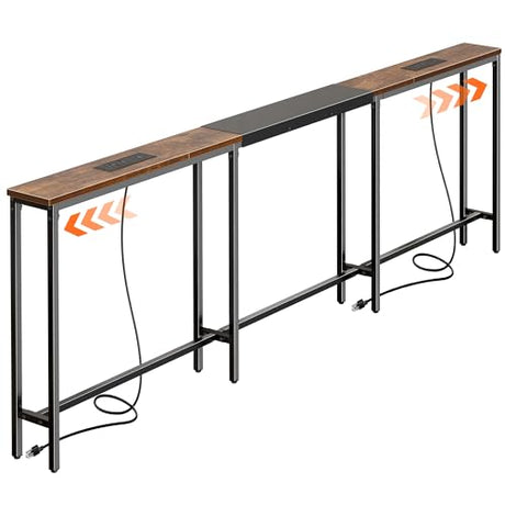 Huuger Narrow Sofa Table with 2 Power Outlets, 86.6-110.2 Inch Adjustable Length, Behind the Couch Table with USB-C Port, Long Entryway Console Table, Anti-tip Kit, for Living Room, Rustic Brown Huuger