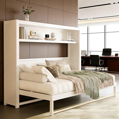Twin Size Foldable Murphy Bed Frame with Shelf,Heavy-Duty Metal Wall Bed Cabinet， Fold into The Wall,Space-Saving Design for Bedroom,Guest Room,Home Office,White Generic