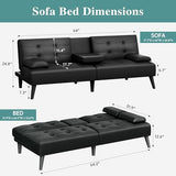 Meilocar 64" Futon Sofa Bed, Small Loveseat with 2 Cup Holders, Small Couch with 3 Adjustable Angles & Removable Armrest, Modern Sleeper Sofa for Apartment, Office (PU Leather, Black) Meilocar
