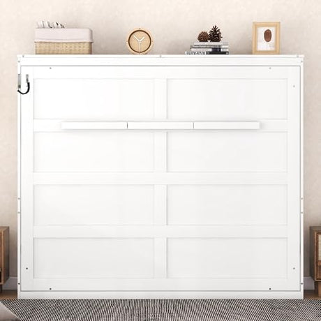 Ball & Cast Queen Size Murphy Bed,Hideaway Beds with Dual Piston Metal Folding Mechanism Designed,Wood Wall Cabinets Bedframe w/Slat Support and Storage Platform Top,Hardware Chain,for Apartment,White Ball & Cast
