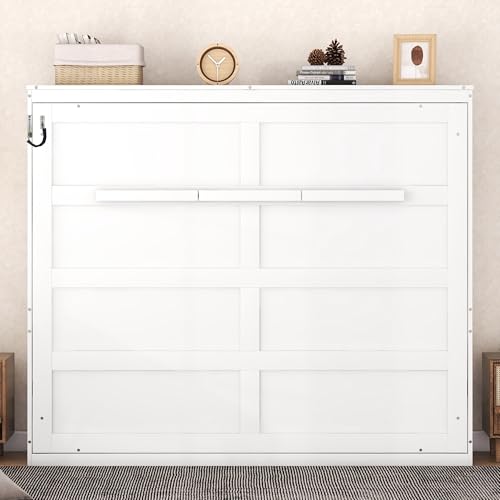 Merax Modern Farmhouse Solid Wood Murphy Bed Chest, Wall Bed with Wood Slat Support/No Box Spring Needed/Space Saving/Full,White Merax