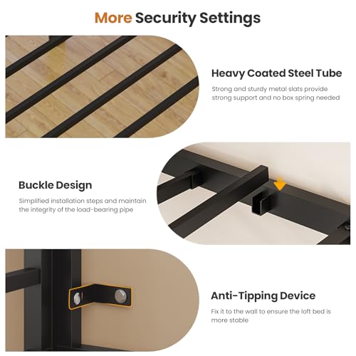 DICTAC Twin Over Twin Bunk Bed with 6 Storage Drawers,Led Lights and Charging Station Metal Bunk Beds with Side Bookcase,3 Storage Boxes &Shelf,L-Shaped bunk Bed with Safety Guardrail and Ladder,Black DICTAC