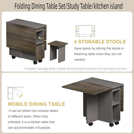 5 Pieces Folding Dining Table Set for 4-6 People,55 Inch Folding Dinner Table with 4 Chairs -Space-Saving Kitchen Dining Set with 6 wheels and 2-Layer Storage Shelf for Dining Room Small Apartment SYMCAVE
