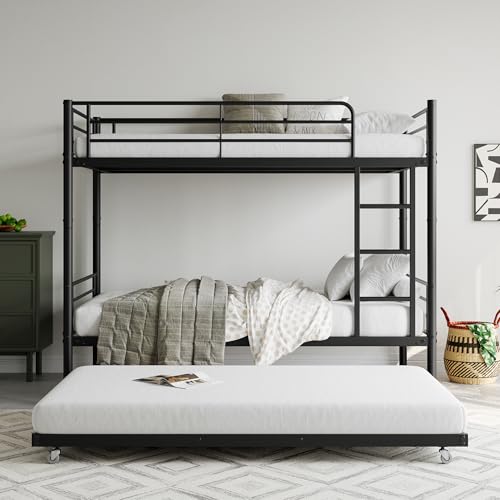 Bellemave Metal Bunk Bed with Trundle, Twin Over Twin Bunk with Guardrail and Ladder for Kids/Teenagers, Adults, No Box Spring Needed, Black with Ladder Bellemave