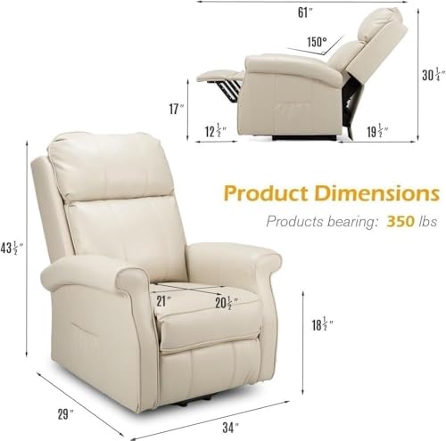 Power Lift Recliner Chair for Elderly Adults Adjustable Lounge Sofa Cream White Faux Leather Lay Flat Function Supportive Backrest Side Pocket SDKOLPBNMZX