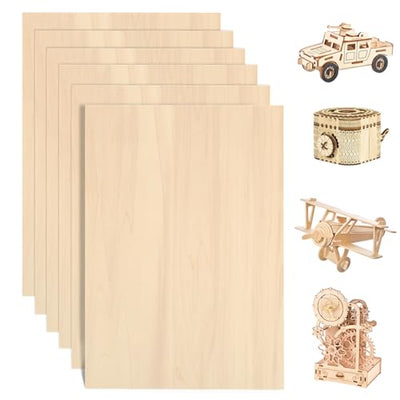 6 Pack Basswood Sheets for Crafts 12"x18"x1/8", 3mm Thick Plywood Sheets Board for Craft, Unfinished Wood Sheet for Laser Cutting & Engraving, Wood Burining, Painting, Staining，Architectural Model