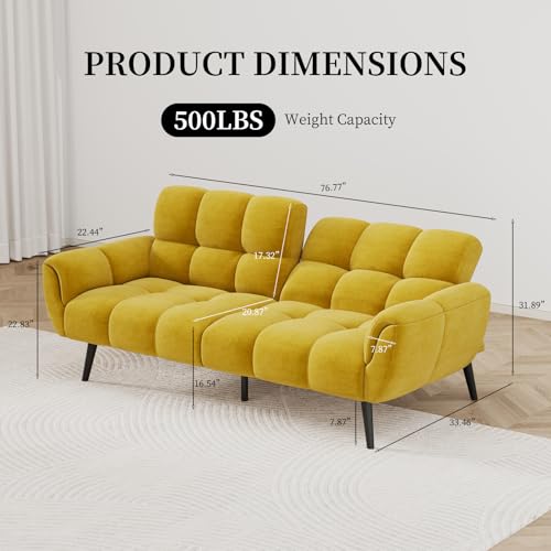 HIPIHOM Convertible Futon Sofa Bed, 76.77" Modern Linen Futon Couch, Comfy Sleeper Sofa with Adjustable Backrests, Couch Bed for Small Spaces, Living Room, Bedroom, Apartment, Yellow HIPIHOM