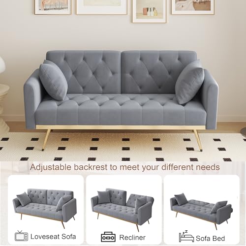 Modern Velvet 2 in 1 Futon Sofa Bed,Convertible Folding Sleeper Bed Couches with 2 Pillows,73" Tufted Recliner Love Seat with Golden Chrome Legs for Living Room Apartment Office (Grey-New) Anwick