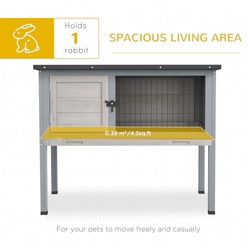 PawHut Elevated Wooden Rabbit Hutch, Indoor/Outdoor Bunny Cage with Hinged Asphalt Roof and Removable Tray for Guinea Pig, Gray - WoodArtSupply