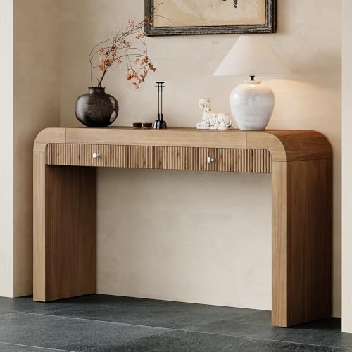 BSYEIO 54.3" Curved Console Table with Fluted Drawer, Rustic Entryway Table and Thick Legs, Sturdy Sofa Table for Hallway & Living Room Wood (Natural) BSYEIO