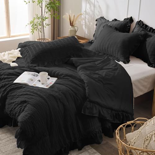 JOLLYVOGUE Black Twin Size Comforter Set, 2 Pieces Seersucker Lightweight Fluffy Bedding Set, Twin Ruffle Comforter, All Season Soft Microfiber Shabby Chic Bed Set JOLLYVOGUE