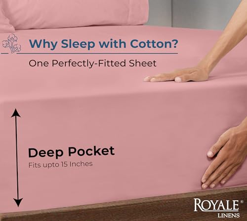 Royale Linens 100% Organic Cotton Fitted Sheet - Percale Weave - Super Soft Deep Pocket Bottom Sheets - Pink Elastic Sheet Queen Size - Queen Fitted Sheets Only - (60"x80"+15", Pink) ROYALE LINENS