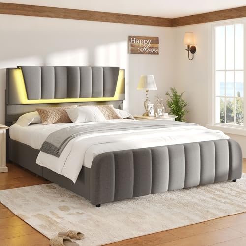 Decofy Queen Size LED Platform Bed Frame with Soft-Glow Mood Lighting & Adjustable Upholstered Headboard, Modern Linen Bed with Storage Drawers, Heavy Duty Metal Support, No Box Spring Needed, Grey Decofy