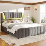 Decofy Queen Size LED Platform Bed Frame with Soft-Glow Mood Lighting & Adjustable Upholstered Headboard, Modern Linen Bed with Storage Drawers, Heavy Duty Metal Support, No Box Spring Needed, Grey Decofy