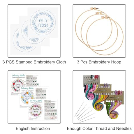 Louise Maelys 3 Sets Funny Embroidery Kits for Beginners,Cross Stitch Kit for Adults,DIY Starters Needlepoint with Flower Wreath Pattern,Including Instruction and Threads Louise Maelys
