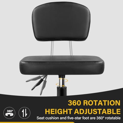 WKWKER Rolling Stool Chair with Backrest Height Adjustable 360° Swivel Stool with Wheels Square Seat PU Leather Rolling Stool for Bedroom Counter Shop Salon Massage Home Office Drafting Work (Black) WKWKER