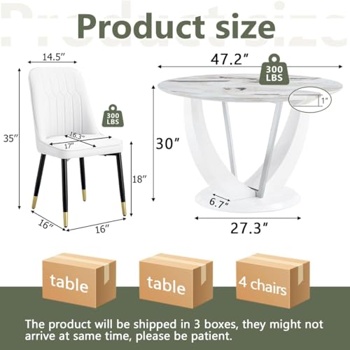 JUFU Round Dining Table Set for 4, 47" White Dinner Table Set for 4 with Marble Pattern Tabletop and PU Upholstered White-007 Chairs, Modern 4 Person Dining Table Set for Dinning Room, Kitchen, Café JUFU