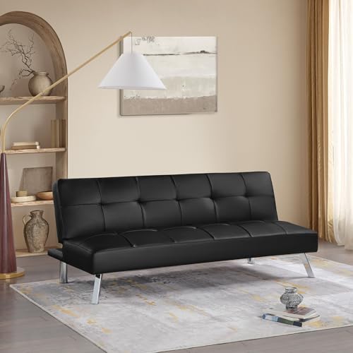 OSP Home Furnishings Kenneth Modern Button Tufted Convertible Click-Clack Futon Sofa Bed, Black Faux Leather with Chrome Legs OSP Home Furnishings