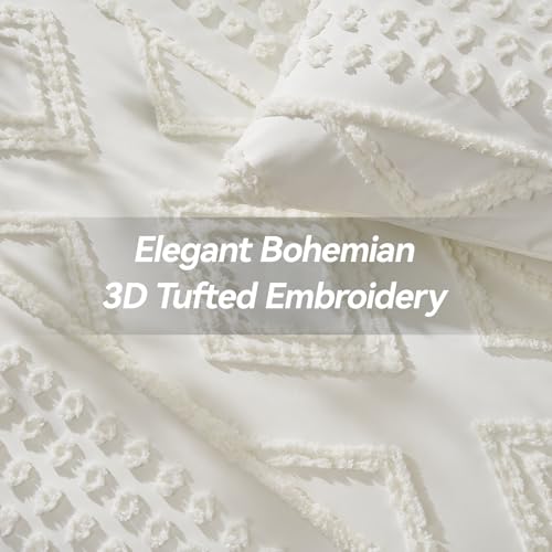 YIXWZAS Boho Queen Comforter Set Beige with Sheets, 3 Pieces Tufted Queen Comforter Sets Boho Bedding Cream Soft Warm Neutral Comforter Sets for All Seasons YIXWZAS