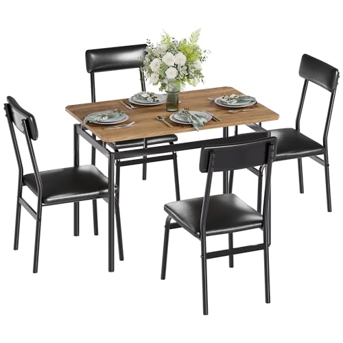 Garvee 5 Piece Dining Table Set, Wooden Kitchen Table Set with 4 PU Upholstered Chair, Industrial Metal Frame Dinette Set for Dining Room, Home Dinner, Party, Apartment, Studio, Black Garvee
