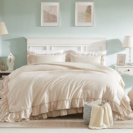 Cupocupa Beige Full Comforter Set, 3Pcs Ruffle Farmhouse Bedding Sets with Comforter & Pillowcases, Soft Shabby Chic Lightweight Fluffy Comforter Set for All Season Bedroom Decor (Beige, F) Cupocupa