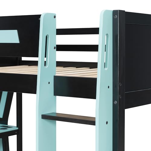 Merax Full Over Full Gaming Bunk Bed Frame with Side-Mounted Oversized Desk, USB Charging Ports & Cable Grommet & Light, Cool Design Heavy-Duty Esports Loft Bed Frame, Blue Merax