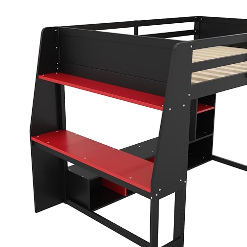 Full Size Gaming Loft Bed with Desk & RGB Light & Open Wardrobe,Wooden Loft Bed Frame with Storage Shelves,Safety Guardrails,Ladder and Under Bed play Space for Teens Adults,No Box Spring Needed,Black Harper & Bright Designs