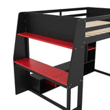 Full Size Gaming Loft Bed with Desk & RGB Light & Open Wardrobe,Wooden Loft Bed Frame with Storage Shelves,Safety Guardrails,Ladder and Under Bed play Space for Teens Adults,No Box Spring Needed,Black Harper & Bright Designs