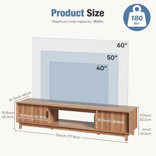 DUMOS 70" Mid Century Modern TV Stand, Mocha Brown Wood Entertainment Center with Storage Cabinets, Media Console Table with Straight Legs & Cable Management for Living Room, Bedroom, Office DUMOS