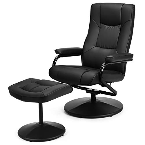 WATERJOY Swivel Recliner Chair, PU Leather Lounge Armchair Recliner, 360 Degree Swivel Overstuffed Padded Seat Chair with Footrest Stool Ottoman Set for Office Living Room Black