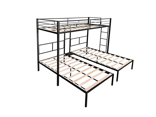 Ball & Cast L-Shaped Triple Bunk Bed, Space Saving Corner Metal Bed Frame with Squeak-Free Wood Slats,3 Twin Bunk Beds w/Full-Length Guardrails & Ladder,No Box Spring Needed,for Kids/Teens,Black Ball & Cast