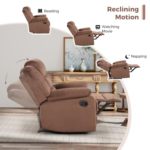 ANJ Manual Recliner Chair for Adults, Velvet Reclining Chair with Padded Arms and Overstuffed Backrest, Single Recliner Sofa for Living Room, Dark Brown