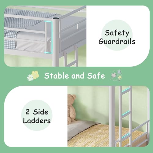 VECELO Twin Over Twin Bunk Bed with Trundle, Convertible Metal Bunkbeds with 2 Ladders and Guardrails, Space Saving, No Box Spring, White VECELO
