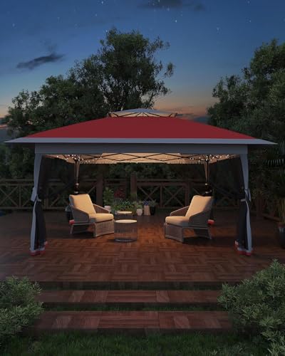 12x12FT Pop Up Gazebo, Instant Backyard Canopy Tent with Mosquito Net & Double Roof, Pop-Up Gazebo Canopies Adjustable Height for Patio, Party, Red SunnyFurn