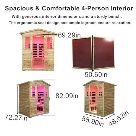 Kanlanth Outdoor Infrared Sauna with Red Light Therapy, 4 Person 2050watt Canadian Hemlock Wood Personal Sauna Room for Indoor Home, with Blue-Tooth, 4 Chromo Therapy Lighting, Control, Cup Holder Kanlanth