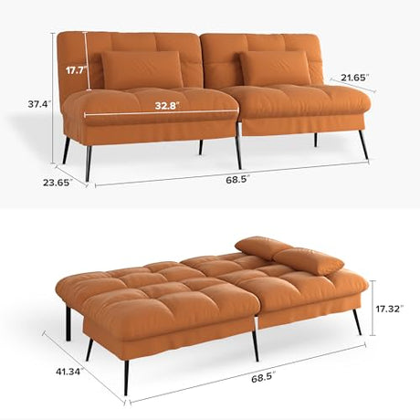 COMHOMA Convertible Sofa Bed,68″Fabric Couch with Adjustable Backrest,Loveseat Recliner Sleeper Living Room Furniture futon Set,Orange COMHOMA