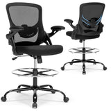 Heromate Drafting Chair Ergonomic Comuputer Standing Desk Chair with Flip-Up Arms and Lumbar Support, Tall Office Chair with Adjustable Footrest, Stool Counter Height Office Chairs Black Heromate