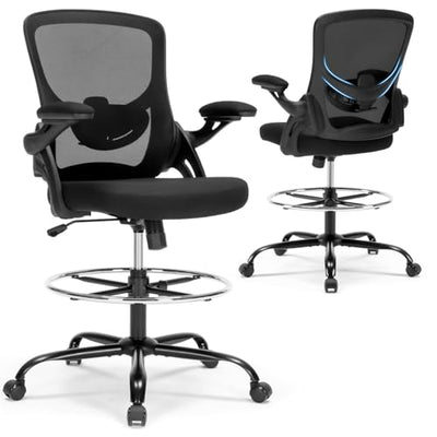 Heromate Drafting Chair Ergonomic Comuputer Standing Desk Chair with Flip-Up Arms and Lumbar Support, Tall Office Chair with Adjustable Footrest, Stool Counter Height Office Chairs Black